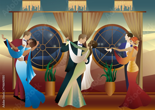 Man and woman dancing on the background of a window and lanterns, party, art deco, couple in retro style