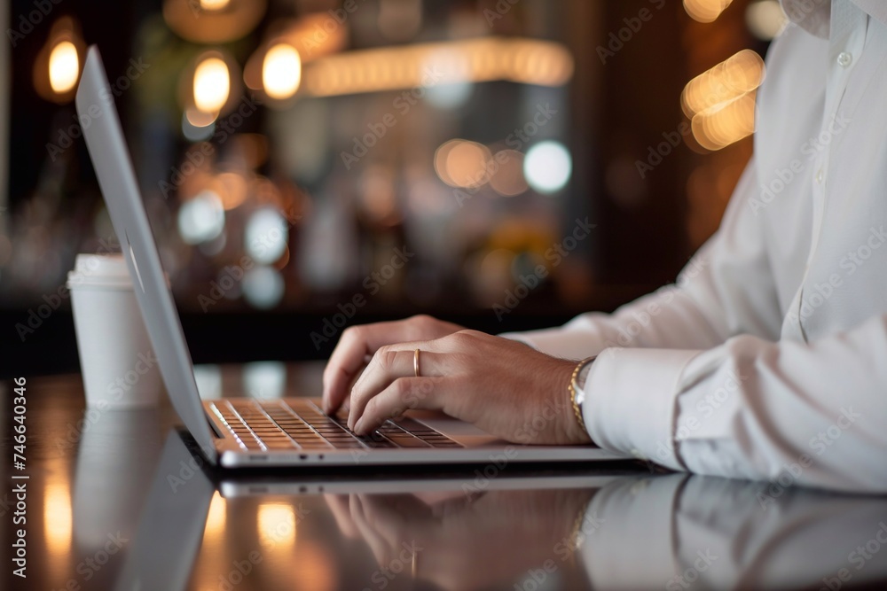 hands of businessman's typing on a laptop keyboard, with a cool bar background generative ai art hands of businessman's typing on a laptop keyboard, with a cool bar background generative ai art