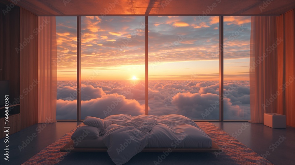 Fototapeta premium A curved minimalist luxury hygge bedroom above clouds