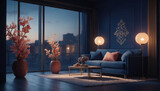 Blurred coral setting. Chic indigo studio for showcasing products. Open area with window shadows and floral details. D room with text. Nighttime concert.