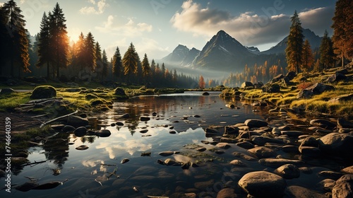 a landscaped photo of a forest lake in the mountains, in the style of precisionism influence, romanticized depictions of wilderness, verdadism