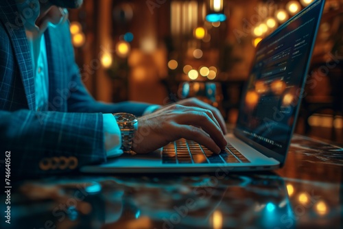 hands of businessman's typing on a laptop keyboard, with a cool bar background generative ai art