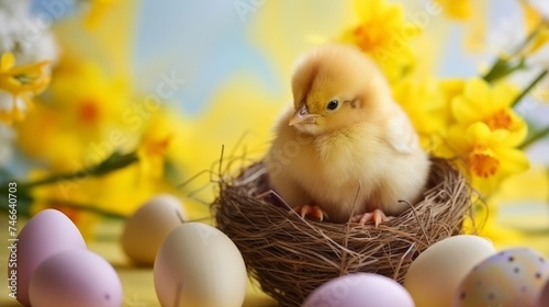 Cute yellow chick sitting in the small nest surrounded by colored eggs and flowers