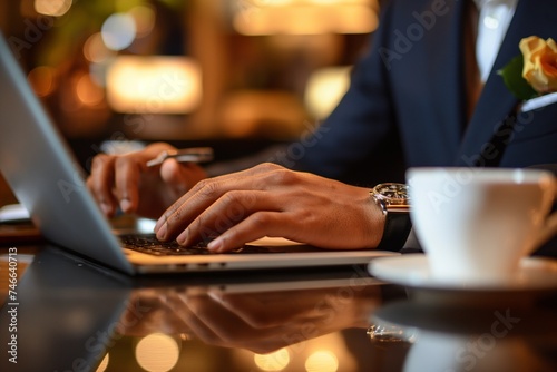 hands  of businessman s typing on a laptop keyboard  with a cool bar background generative ai  art