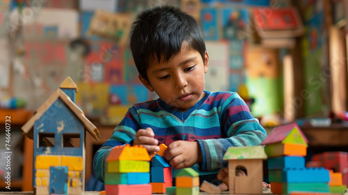 A little child creating a colorful masterpiece using wooden house blocks