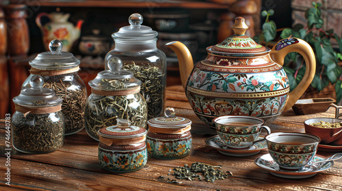 Herbal Tea Assortment with Teapot and Cups