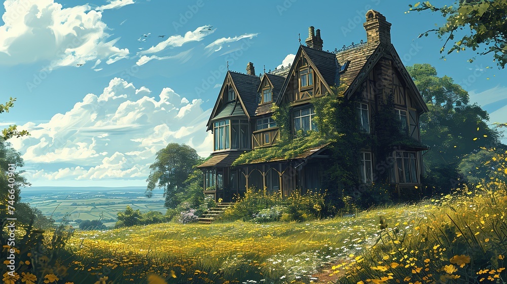a large house with big gardens across from the field, in the style of minimalist backgrounds, poetic pastoral scenes, sky-blue and green, pastoral scenes, atmosphere of dreamlike quality, flickr a large house with big gardens across from the field, in the style of minimalist backgrounds, poetic pastoral scenes, sky-blue and green, pastoral scenes, atmosphere of dreamlike quality, flickr