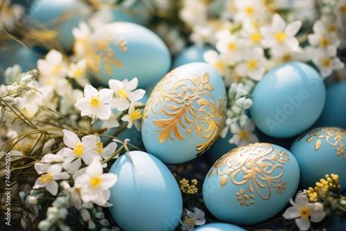 Easter white, yellow and blue eggs and flowers of wooden pastel blue background. Close up.