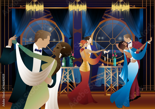 Man and woman dancing on the background of a window and lanterns, party, art deco, couple in retro style