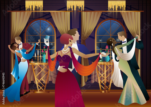 Man and woman dancing on the background of a window and lanterns, party, art deco, couple in retro style