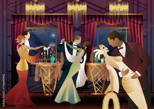Man and woman dancing on the background of a window and lanterns, party, art deco, couple in retro style