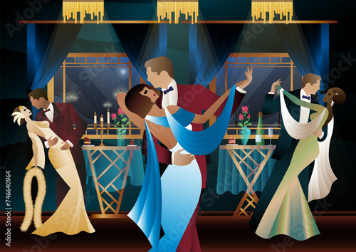 Man and woman dancing on the background of a window and lanterns, party, art deco, couple in retro style