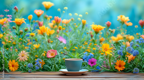 Cup of coffee on a wooden background against the blurred floral background with lots of colorful flowers