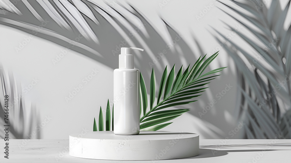 Minimal cosmetic background for product presentation, Cosmetic bottle podium and green palm leaf on grey color background. White cosmetic shampoo dispenser bottle mockup, Generative Ai  - obrazy, fototapety, plakaty 