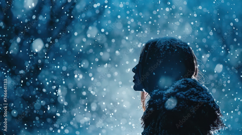 A woman stands alone amidst falling snow, her face visible, capturing a romantic, lonely, and dramatic moment in this captivating photography