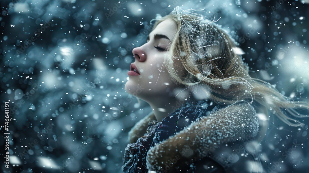 Alone amidst falling snow, a woman stands, her face visible, capturing a romantic, lonely, and dramatic moment in this captivating photograph.