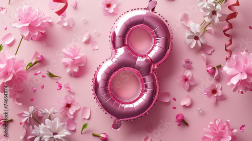 Illustration of number 8 foil helium balloon and flowers background for 8th march women's day