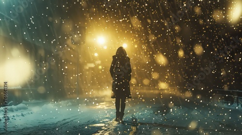 silhouette of a woman standing alone in the midst of falling snow, walking away, exuding a romantic, lonely, and dramatic moment. Romantic photography