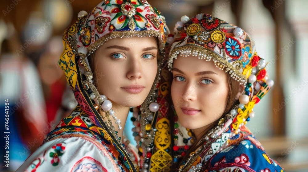 Two women in traditional clothing posing for a picture