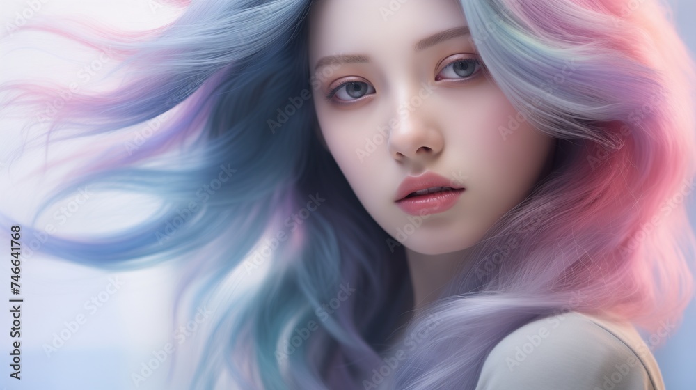 a close-up image of a beautiful Asian woman showcasing pastel colorful hair.  