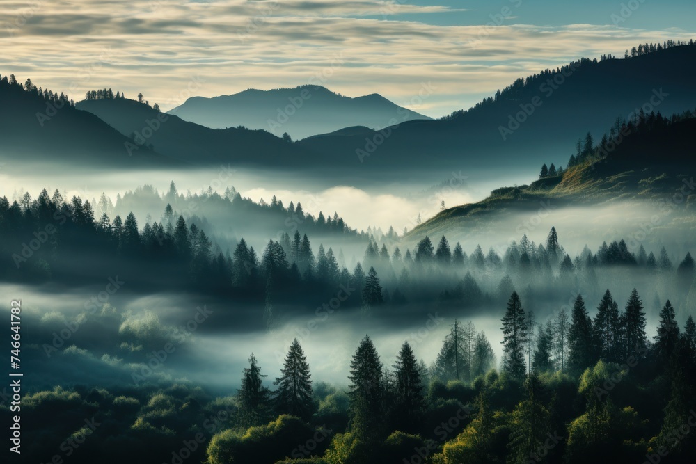 A mountain range in the background, trees in the foreground, and fog rolling in