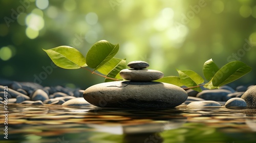Smooth river stone balanced on pebbles in a zen garden