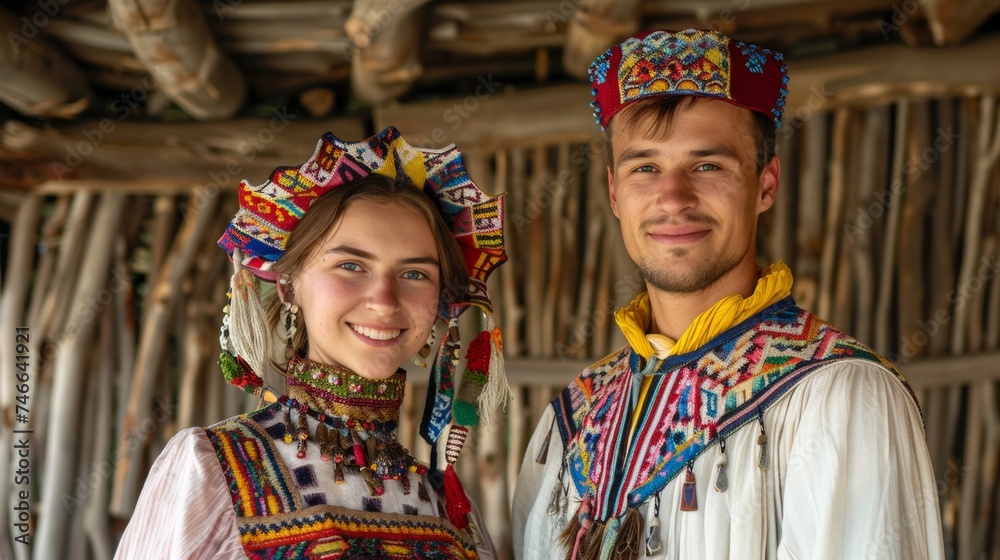 A man and a woman dressed in traditional clothing