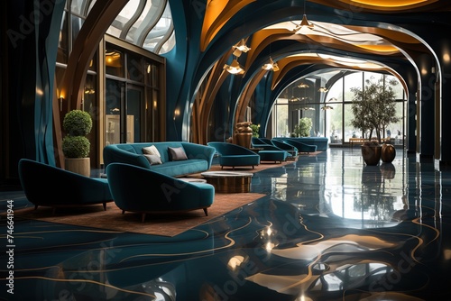 a large office building in the city, in the style of light navy and dark amber, striated resin veins, eco-friendly craftsmanship, metallic finishes, agfa vista, arched doorways, playful elegance photo