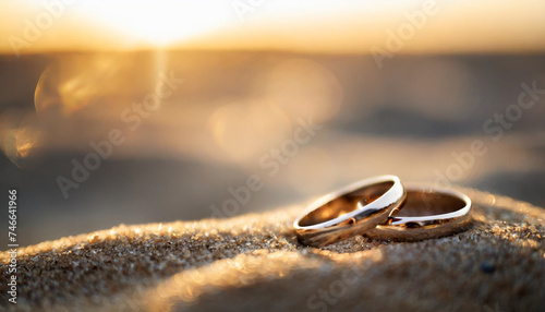 Wedding rings gleam on sandy beach under radiant backlight, symbolizing eternal love and commitment