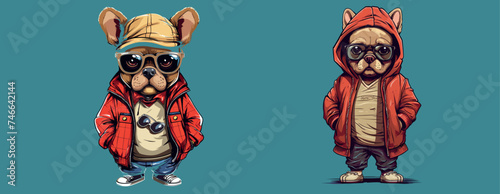 Stylish Cartoon Characters: A Cool Dog in Sunglasses and Cap, and a Mysterious Figure in a Perfect for Urban Fashion Illustrations and Modern Design