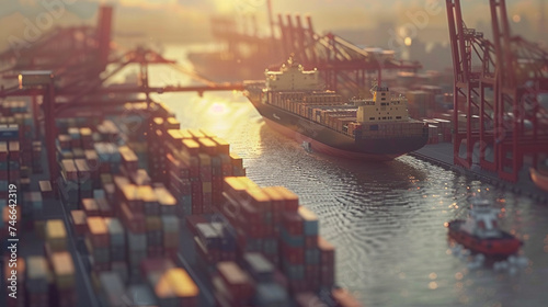 Design a 3D animation featuring a cargo ship unloading containers against a backdrop of a busy port photo