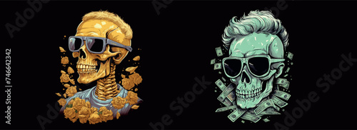 Stylish Skull with Sunglasses and Roses, and a Censored Face Surrounded by Money - Vector Illustration for Modern Art