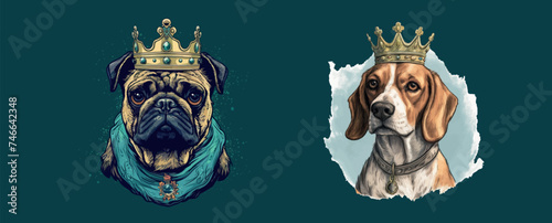 Royal Canine Majesty: Artistic Illustration of a Pug and Beagle Adorned with Regal Crowns and Attire, Exuding Nobility on a Dark