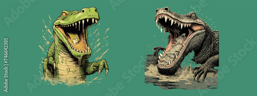 Detailed Vector Illustration of a Green Alligator and a Dark Crocodile with Open Mouths, Isolated on a Teal © Zaleman