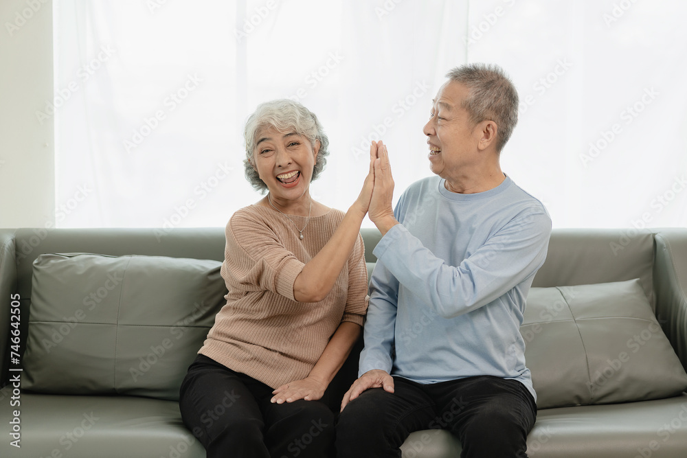 Asian senior couple looking at camera and smiling, senior smiling and looking at tablet Retired people use technology at home Woman hugging man with love Together forever on the sofa at home Asian senior couple looking at camera and smiling, senior smiling and looking at tablet Retired people use technology at home Woman hugging man with love Together forever on the sofa at home