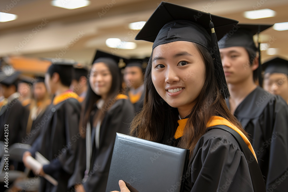 Obraz premium Portrait of Asian girl student graduate during graduation indoor ceremony at university, proud college woman holding her diploma and wearing graduation cap and gown