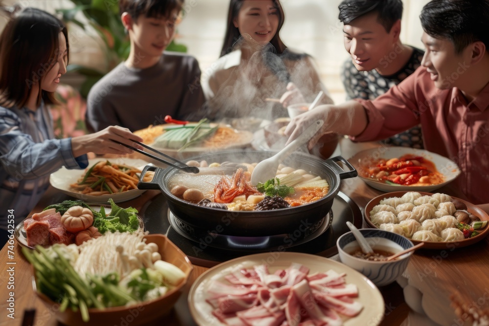 A family gathered around a steaming hotpot, each member contributing a unique ingredient, symbolizing unity.
