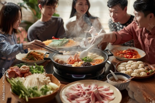 A family gathered around a steaming hotpot  each member contributing a unique ingredient  symbolizing unity.