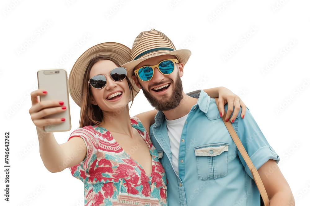 Happy young couple taking a selfie with a smartphone, smiling man and woman on summer vacations and travel, tourists isolated on transparent background, png file