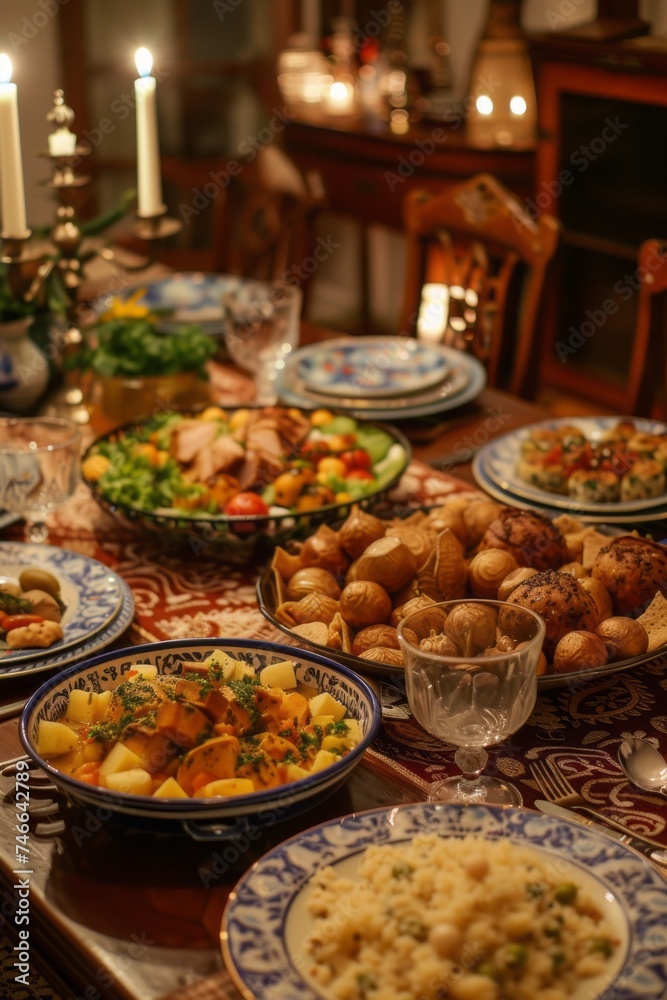 A festive holiday table, laden with dishes from various cultures, celebrating a family's diverse roots.