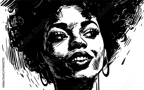 Woman portrait in hand drawing or engraving style. 60s styled beautiful comic book character in black and white.