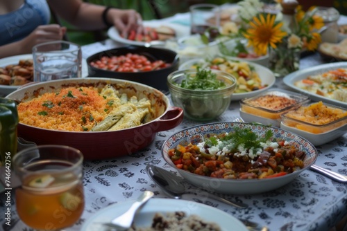 A family potluck dinner  each dish telling a story of cultural heritage and familial bonds.