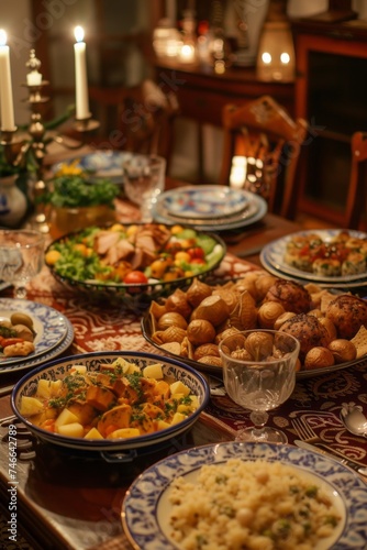 A festive holiday table  laden with dishes from various cultures  celebrating a family s diverse roots.