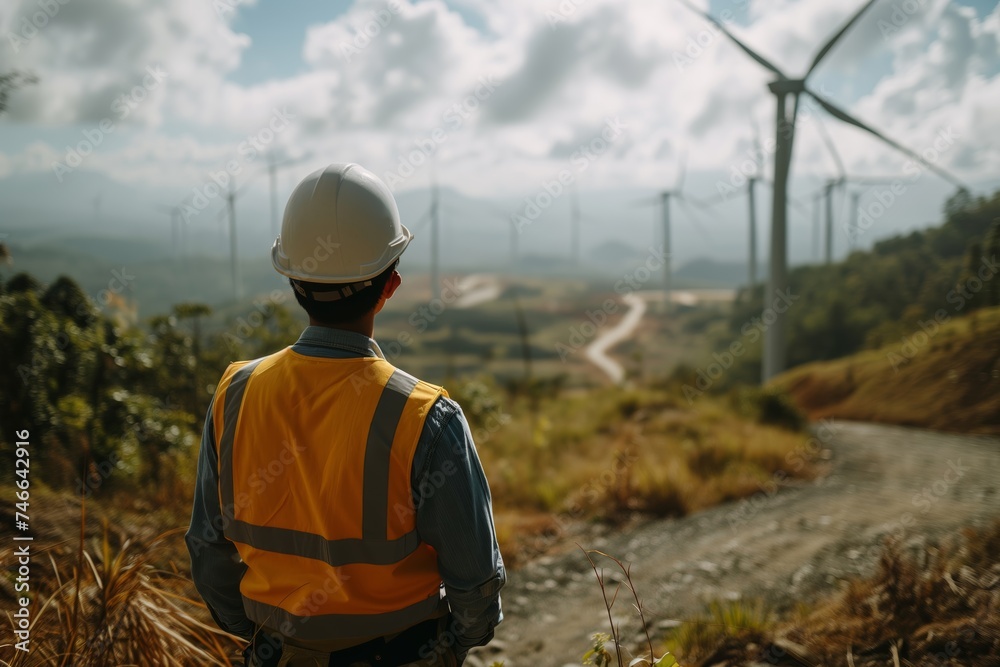 An engineer in a hard hat and safety vest gazes at wind turbines amidst a rural landscape, symbolizing renewable energy and sustainability.