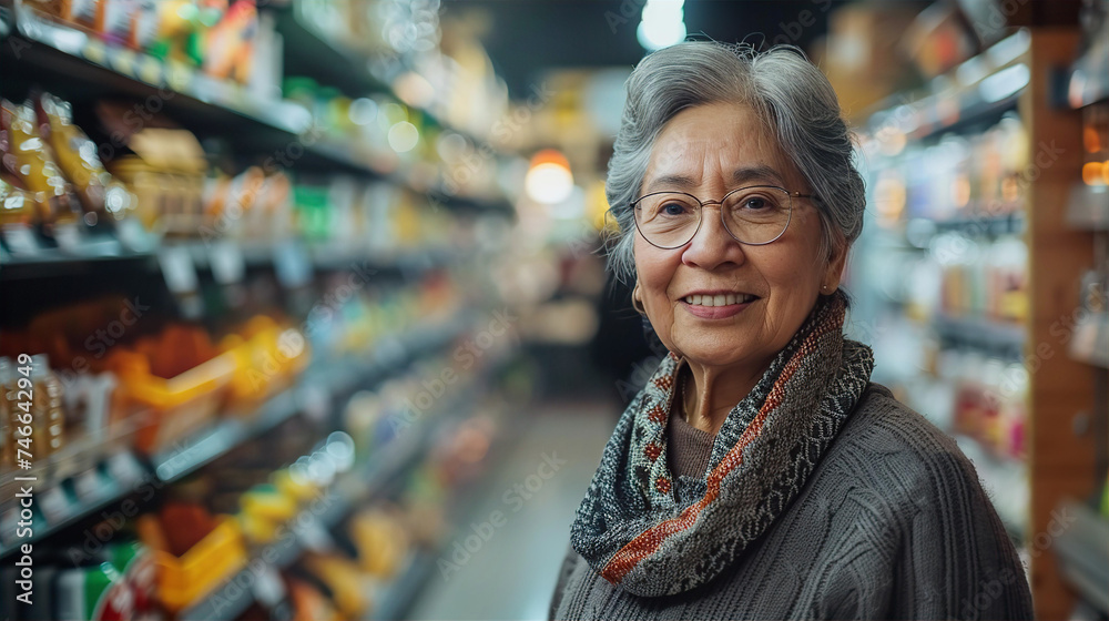 Elderly woman in grocery shop or supermarket next to shelves with products, smile and look to camera.
