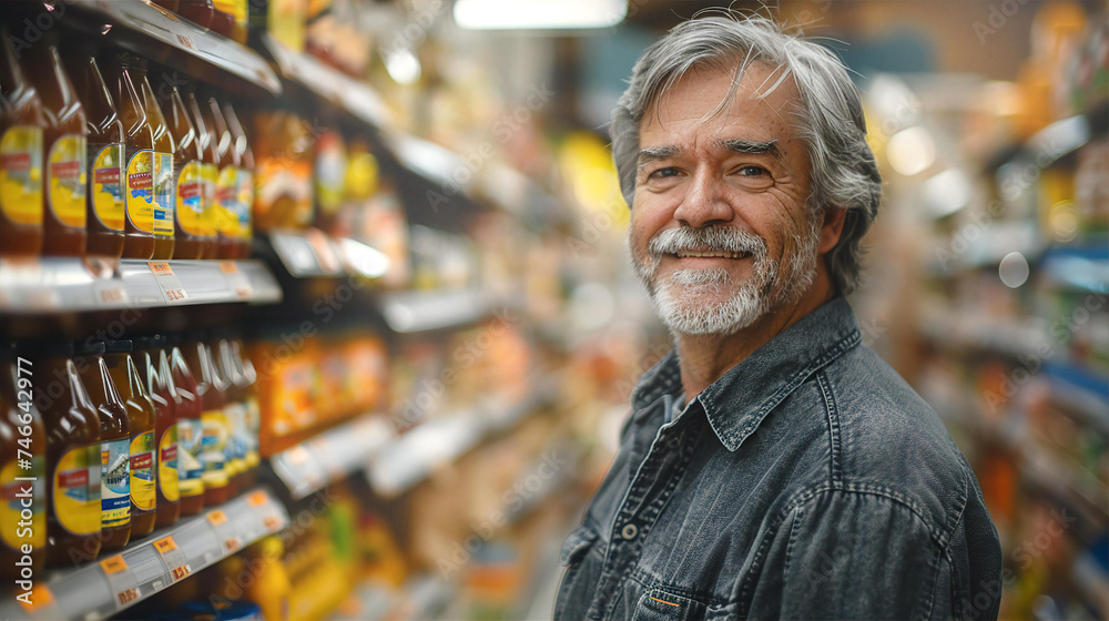Elderly man in grocery shop or supermarket next to shelves with products, smile and look to camera.
Elderly man in grocery shop or supermarket next to shelves with products, smile and look to camera.