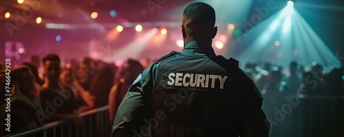 Back view of a security guard overlooking a crowd at an indoor concert setting, fitting for event security or music festival themes.