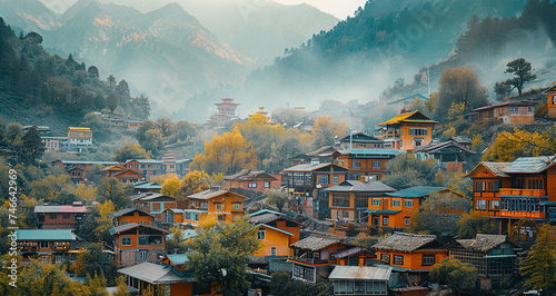 Beautiful view of mountain village in china with lots of small houses stay very close to each other  photo