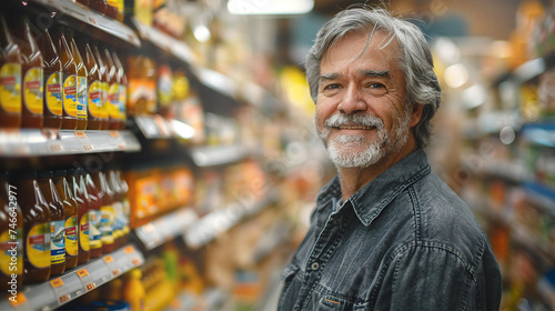 Elderly man in grocery shop or supermarket next to shelves with products, smile and look to camera. 