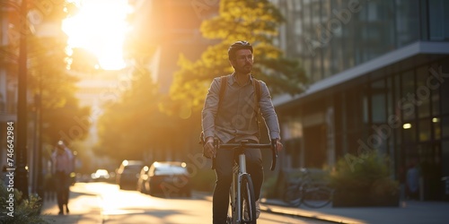 A man rides a bicycle in a city during the golden hour, with the sun setting behind him, fitting for active lifestyle themes or sustainable transport campaigns.